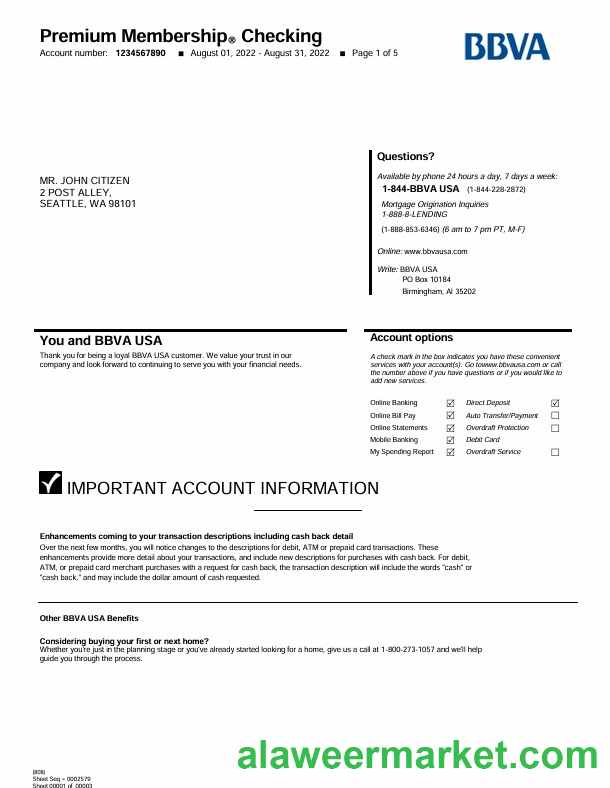 USA BBVA bank statement Word and PDF template, 5 pages